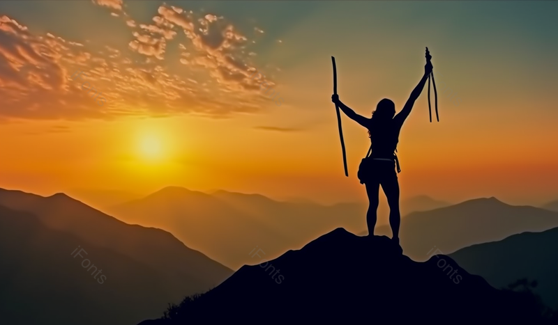 日落背景中年男人站在山顶攀爬摄影图,高清,摄影图,摄影图片,图片大全,摄影图免费下载